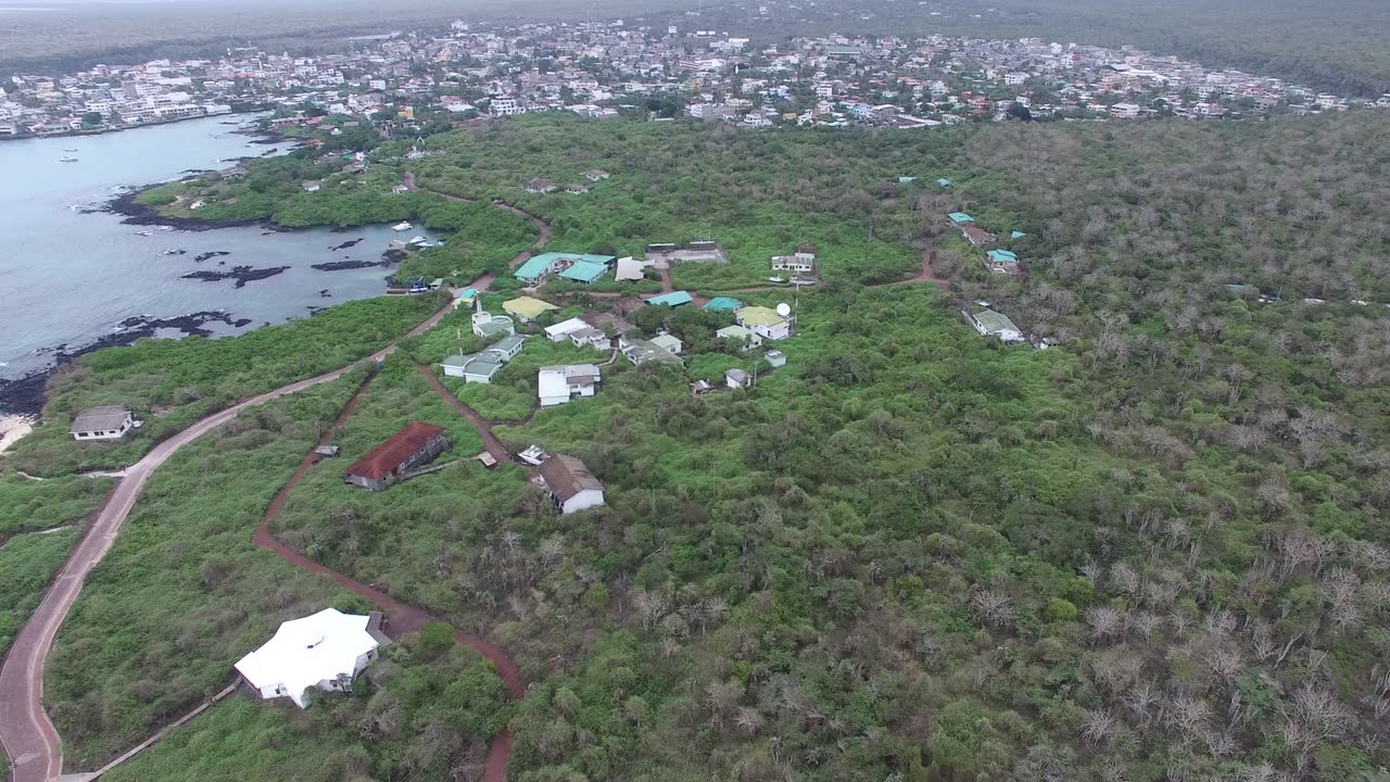 Aerial view of a research station compound in coastal scrub above Puerto Ayora